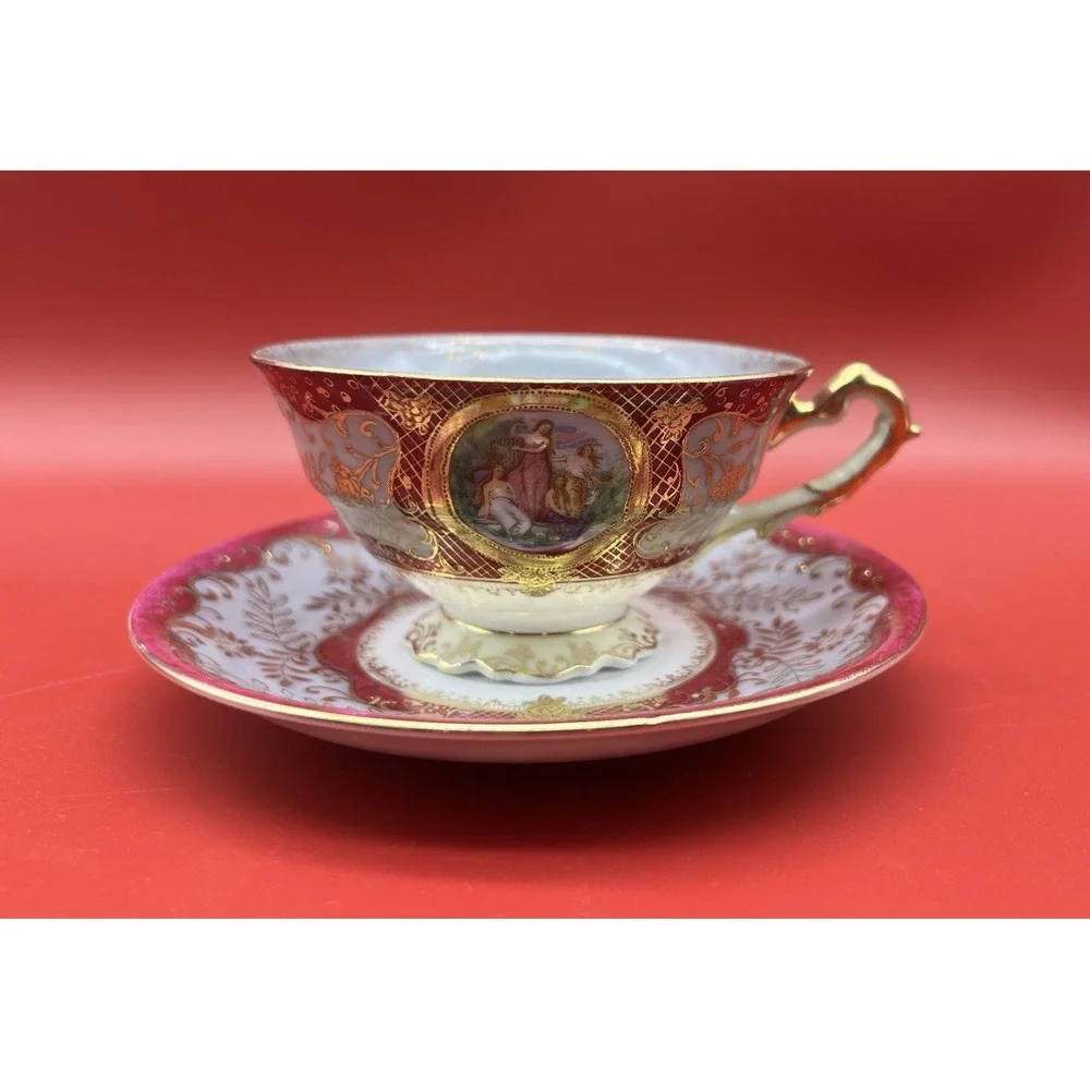 Hand Painted Chubu China Occupied Japan Porcelain Cup & Saucer Raised Gold Trim